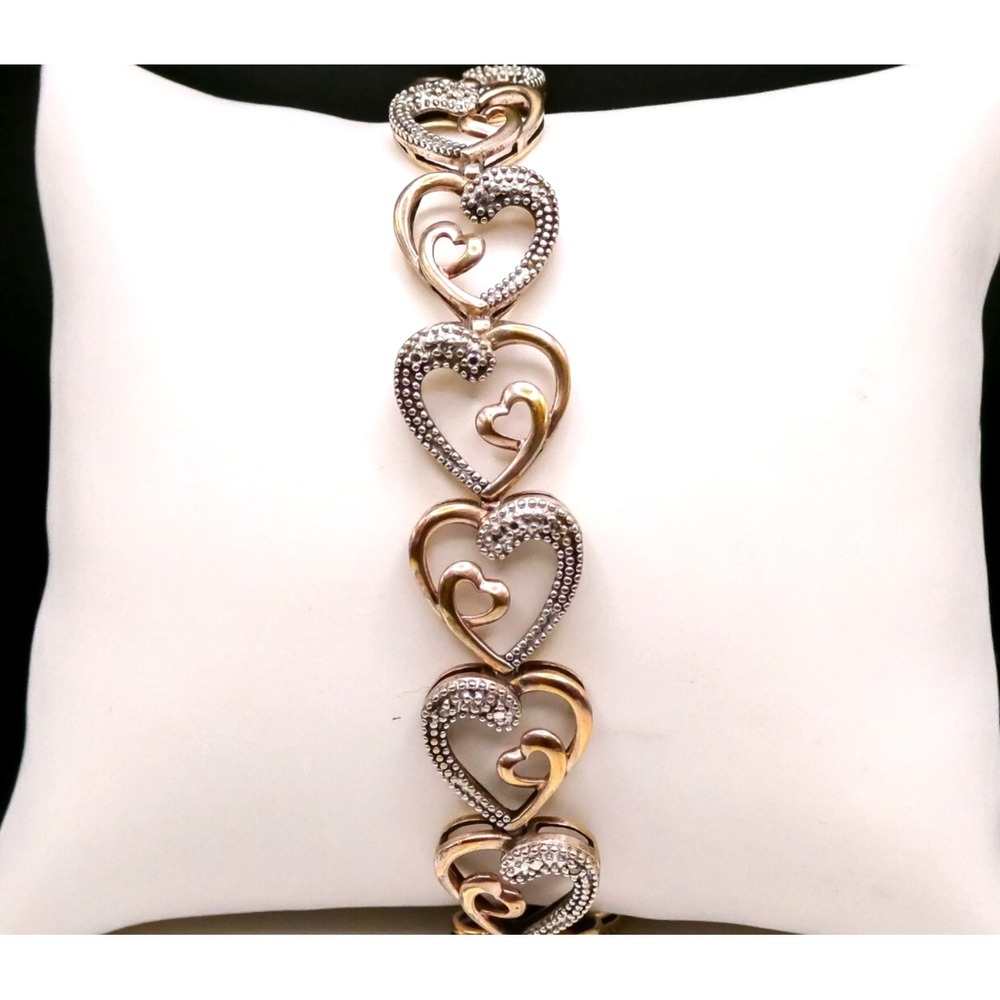 Sterling Silver Diamond Double Cut-Out Heart Bracelet 7.5 Inches Vermeil Gold